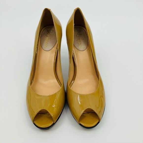 COLE HAAN AIR CARMA Tan Patent Leather Peep Toe High Heels Pumps Shoe Wmn 9 - Picture 2 of 7